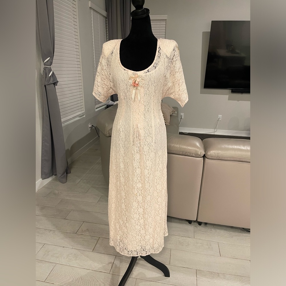 90s Vtg All That Jazz Lace Maxi Dress cottage belted Romantic Fairycore 11/12